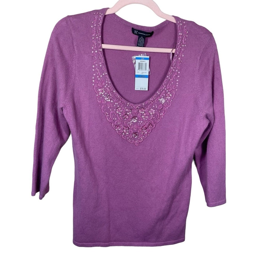INC International Concepts Pink Sweater Beaded V Neck Silk Blend Womens SZ‎ XL